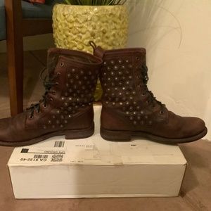 Womens Frye Jenna Dark Brown Studded Lace Up Distressed Leather Boots - 8.5